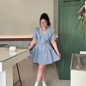 Blue and White Checkered Midi Skirt